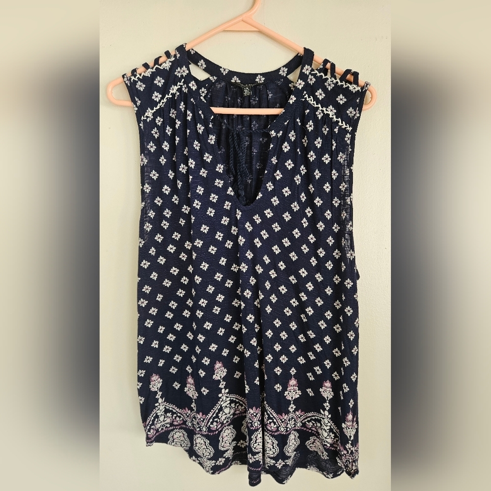 Lucky Brand Navy Diamond Floral Print Tassel Tie Sleeveless Top Women's Size L